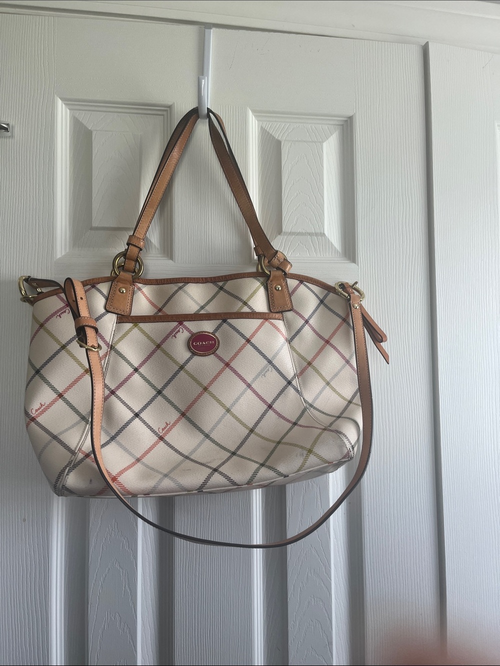 Coach Cream Multicolor Plaid Tote with Tan Leather Trim
